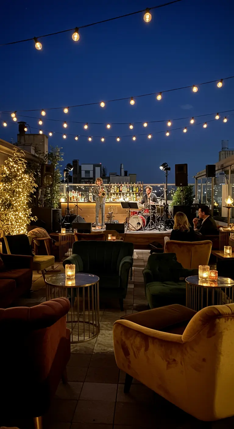 Rooftop bar avec scène de musique live, fauteuils en velours, guirlandes lumineuses et vue sur la ville.