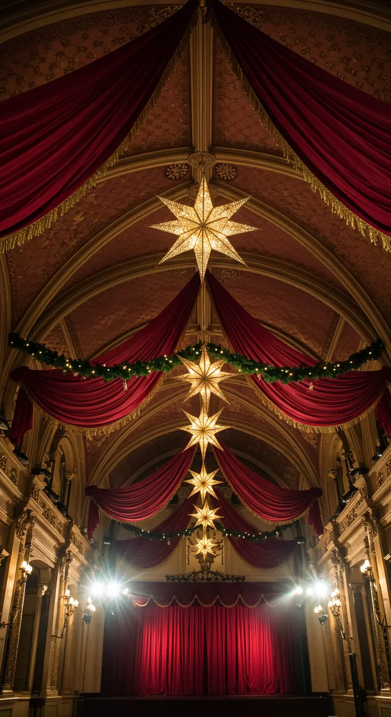 Cascade d'étoiles lumineuses dorées dans un théâtre avec des rideaux de velours rouge.