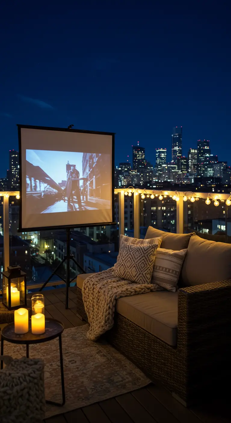 Balcon avec canapé, bougies et écran de projection devant une vue sur la ville.