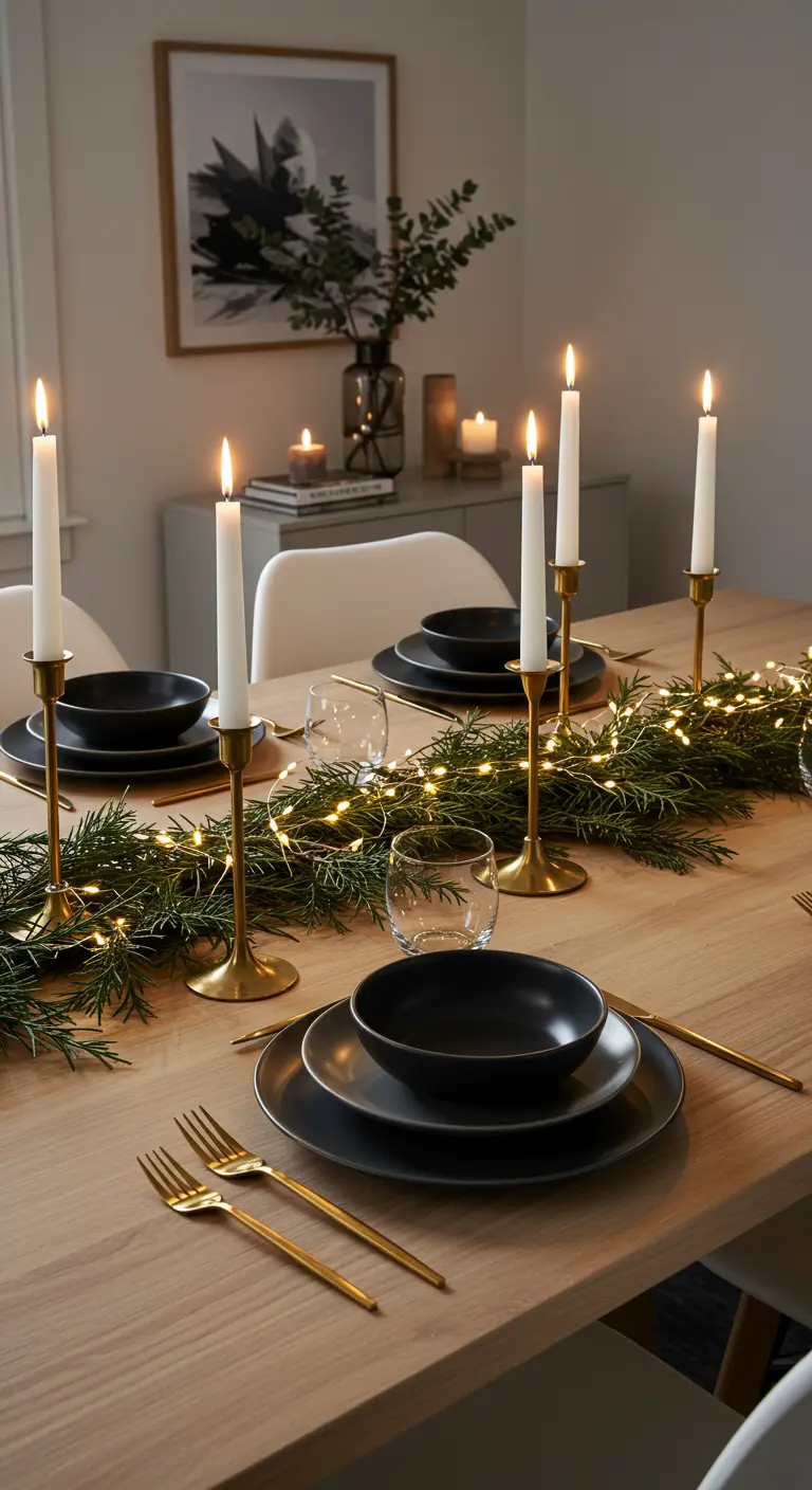 Table de Noël avec vaisselle noire, couverts dorés et guirlande de sapin lumineuse.