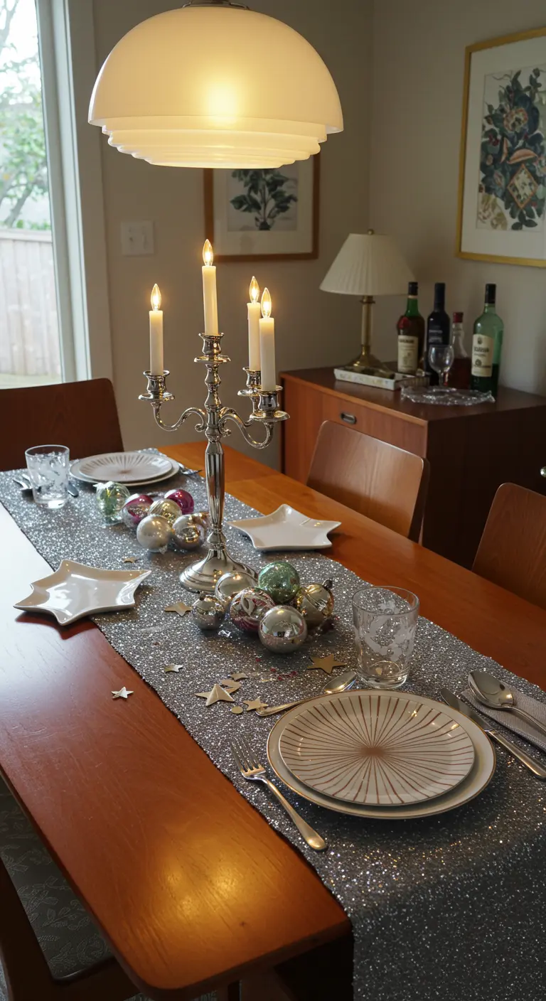 Table en bois de style mid-century avec un chemin de table argenté pailleté et des boules de Noël.