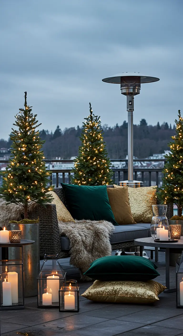 Terrasse d'hiver glamour avec coussins en velours et sapins lumineux.