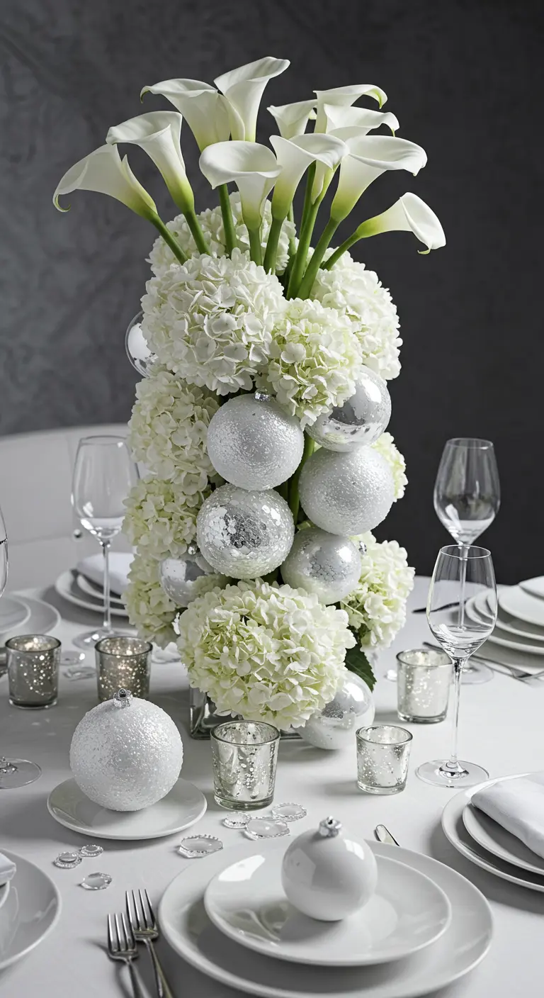 Composition florale verticale avec arums, hortensias et boules argentées intégrées.
