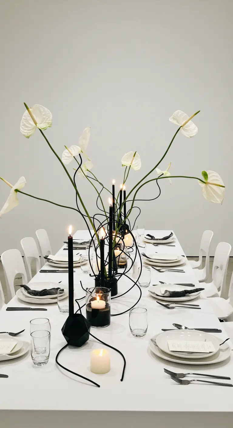 Table blanche moderne avec un centre de table sculptural noir et des anthuriums blancs.