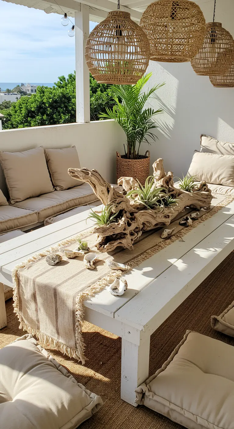 Grande pièce de bois flotté ornée de plantes aériennes sur une table basse extérieure.
