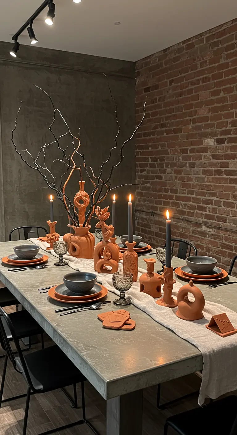 Longue table en béton ciré avec des sculptures en argile, des branches nues sombres et des bougies grises.