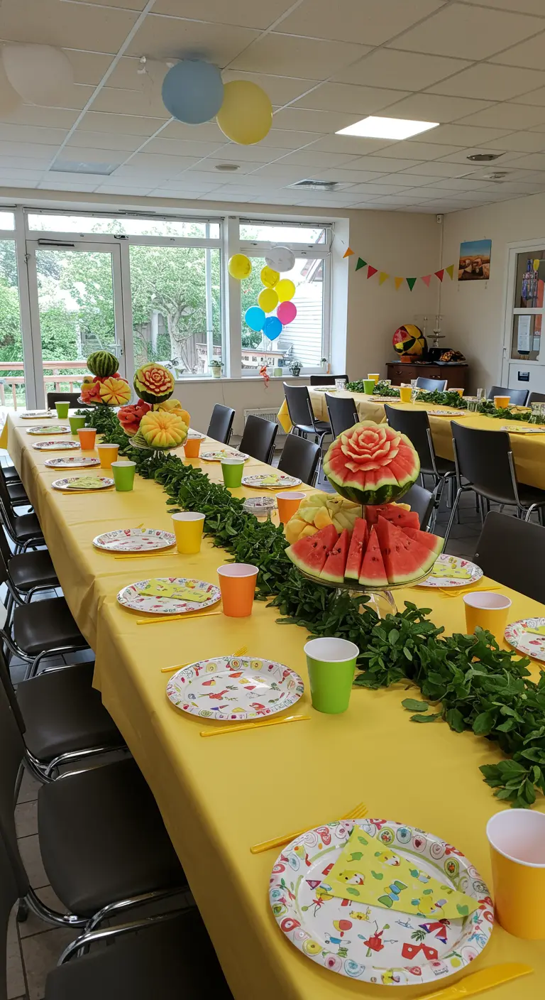 Longue table de fête avec nappe jaune, guirlande végétale et pastèques sculptées en centre de table.