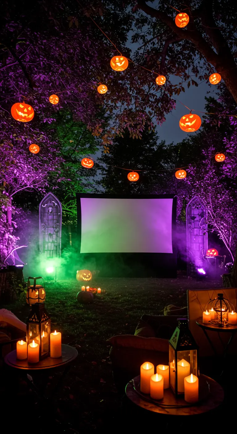 Jardin décoré pour Halloween avec lumières violettes, citrouilles lumineuses et fumée.