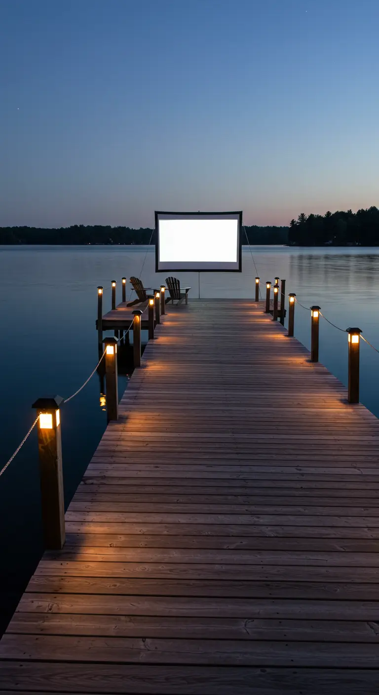 Ponton en bois éclairé par des bornes lumineuses menant à un écran au bord d'un lac.
