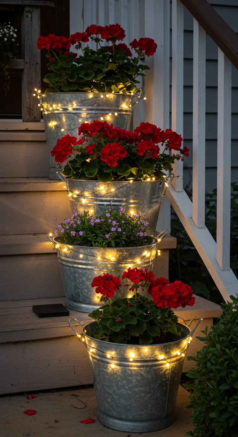 Seaux en zinc avec des géraniums rouges et des guirlandes lumineuses sur des marches.