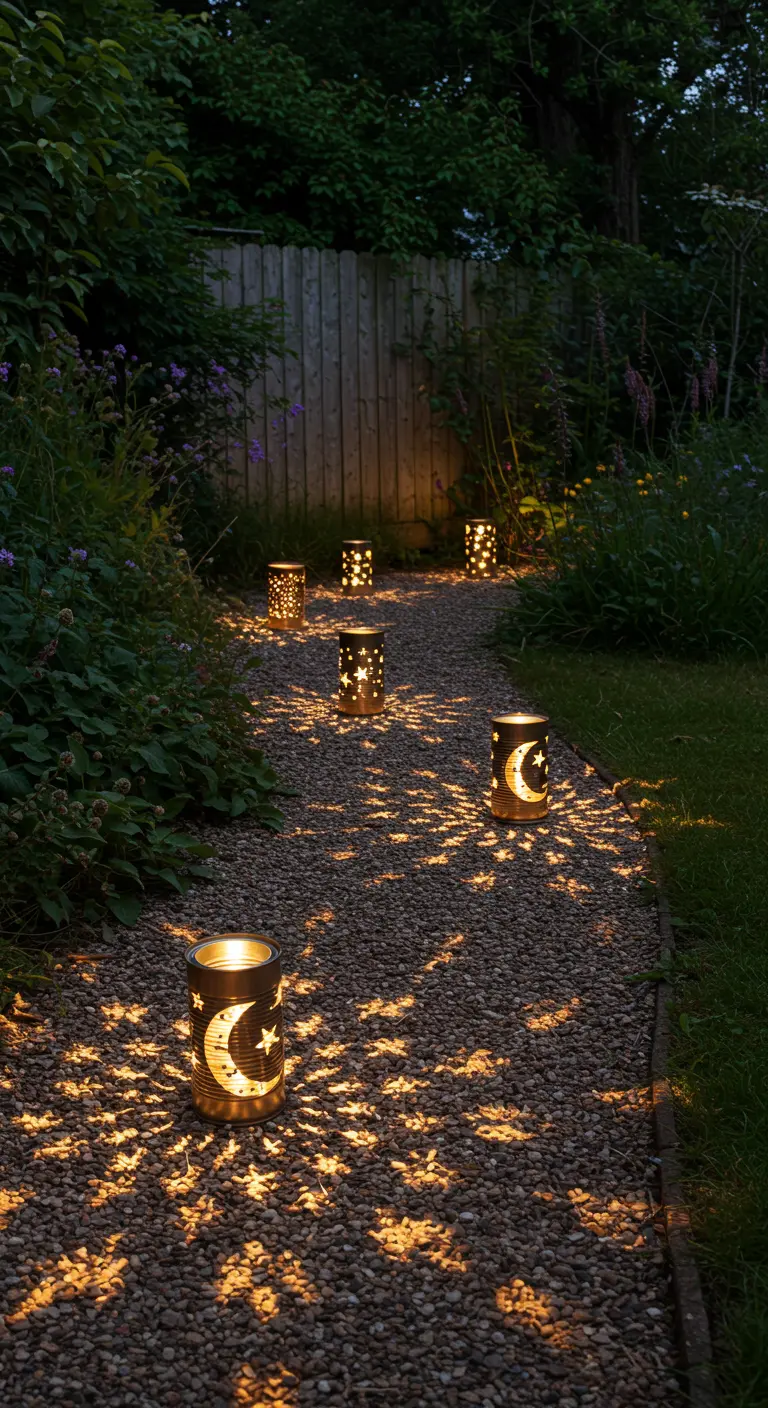 Chemin de gravier bordé de lanternes en boîtes de conserve percées d'étoiles et de lunes.