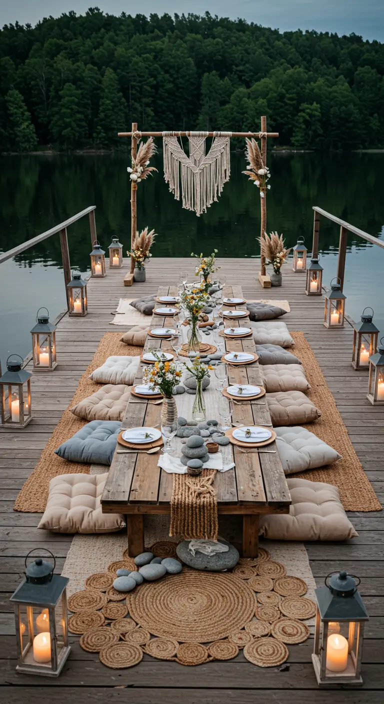 Table de fête dressée sur un ponton en bois, entourée de lanternes.