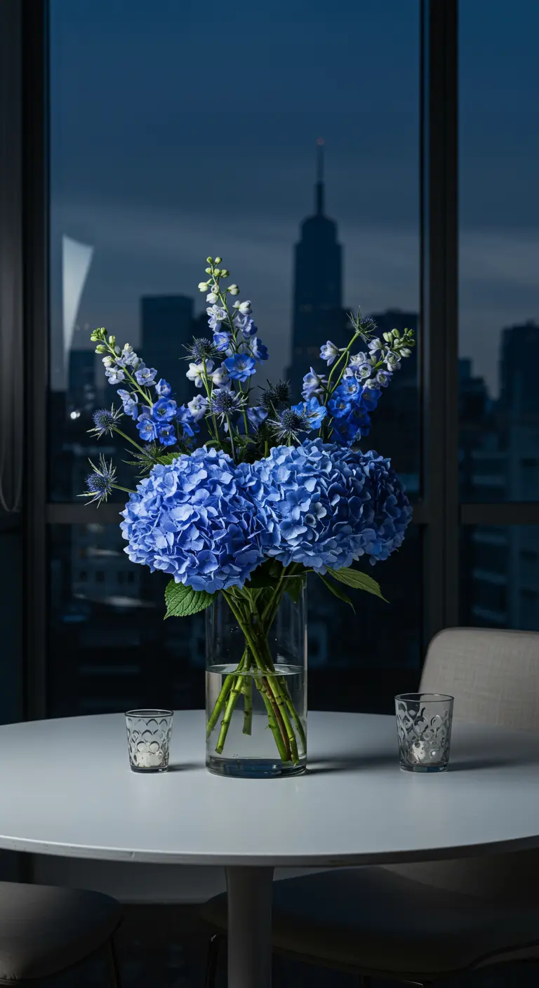 Vase en verre avec des hortensias bleus sur une table blanche devant une vue nocturne.