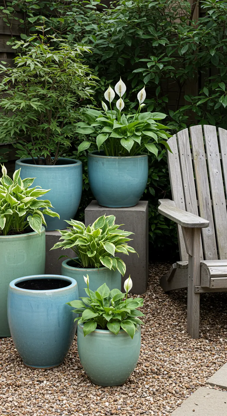 Pots vernis bleus et verts avec des Spathiphyllum et des Hostas dans un jardin zen