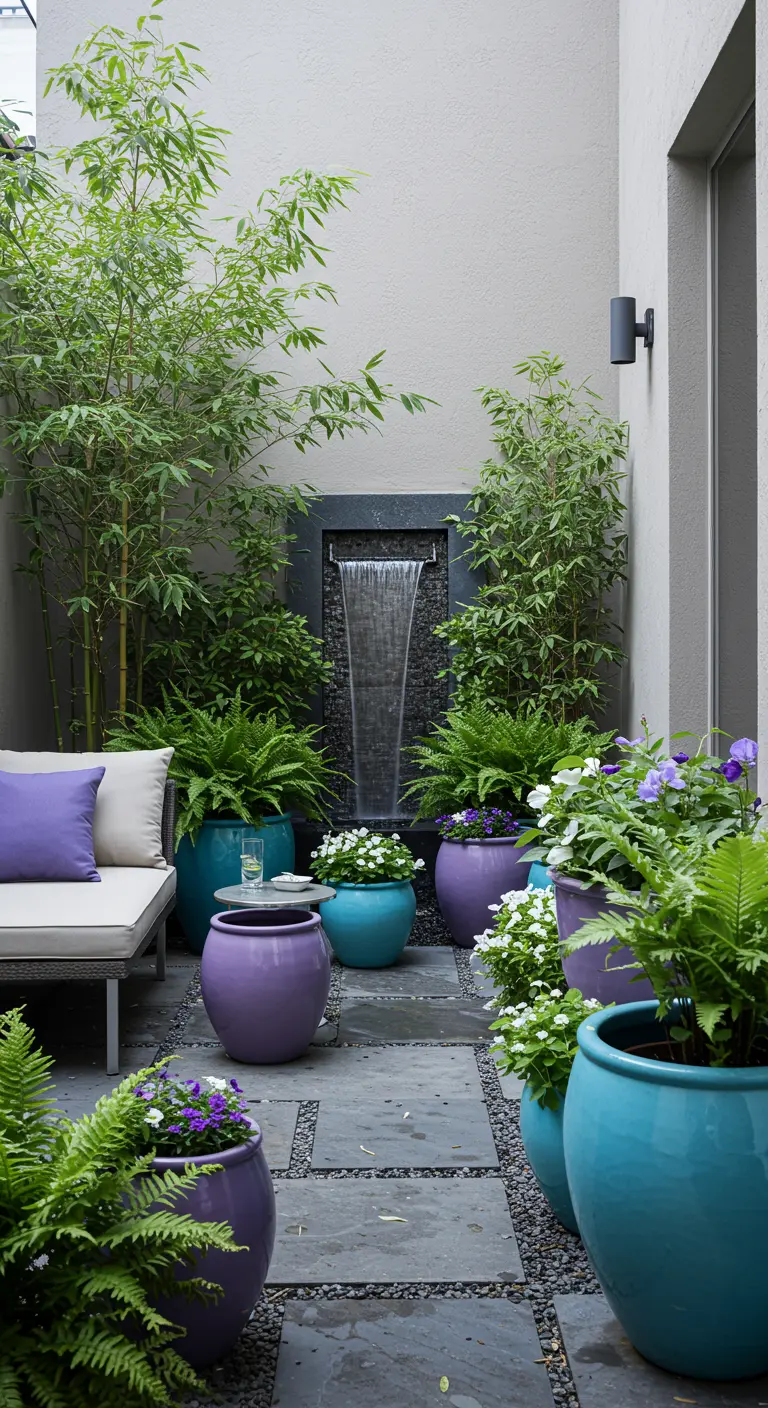 Petit patio urbain avec des pots turquoise, bleus et violets, garni de bambous, de fougères et d'une cascade murale.