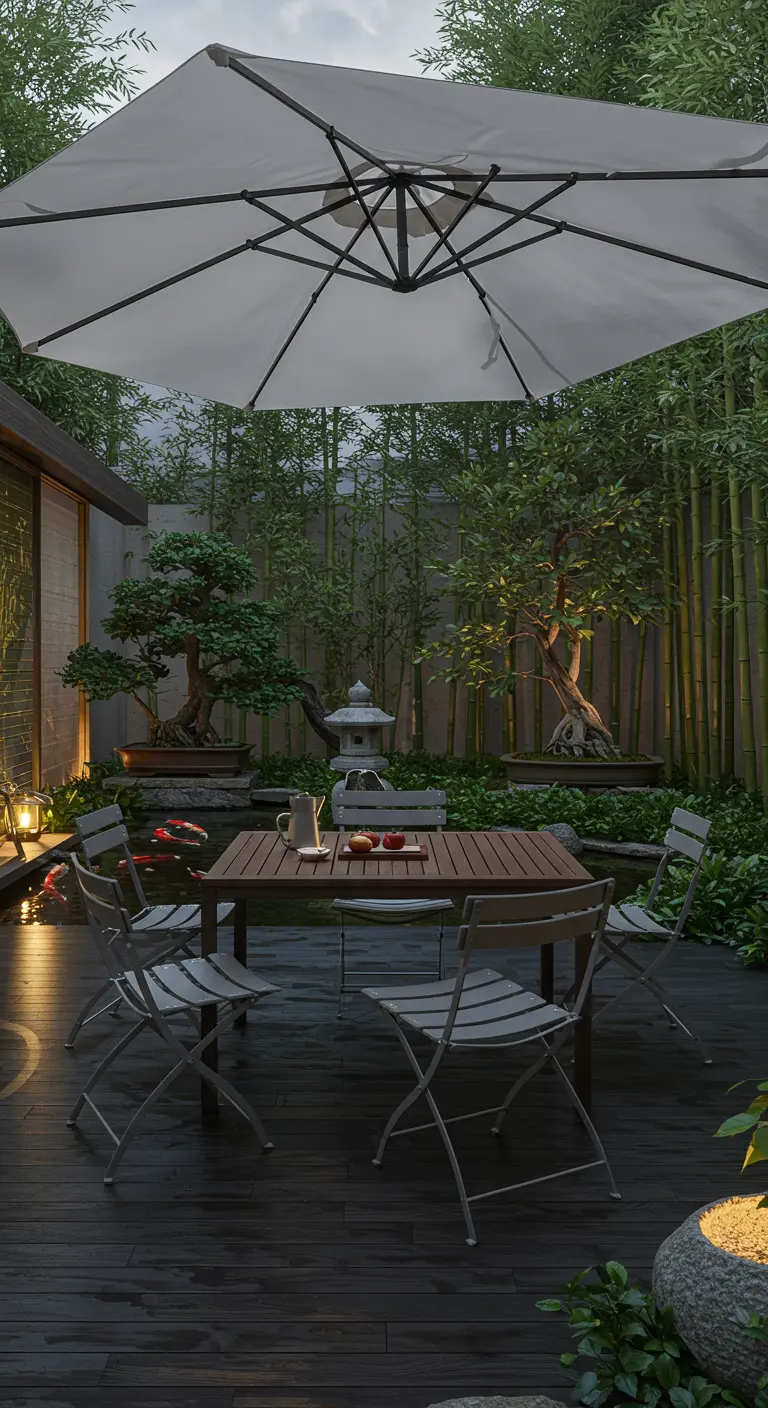 Table en bois foncé, chaises grises, parasol blanc dans un jardin zen avec bassin, bambous et bonsaïs.