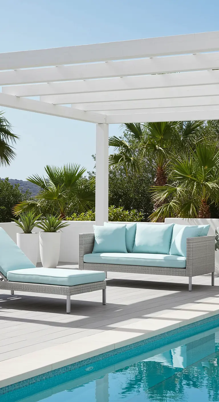 Canapé et chaise longue en rotin gris clair avec coussins bleu aqua près d'une piscine.
