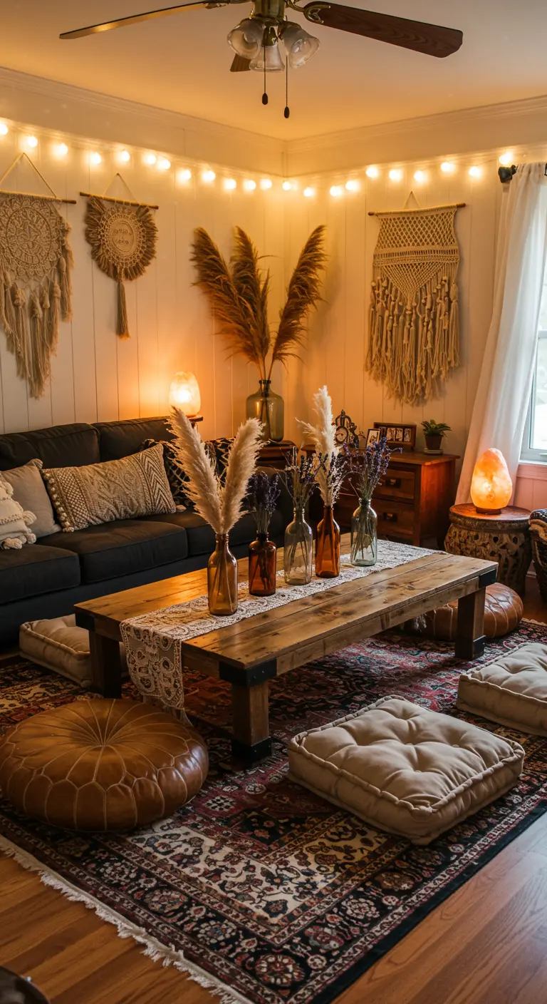 Salon bohème avec des herbes de la pampa et de la lavande dans des bouteilles ambrées.