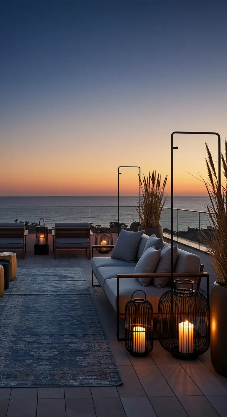 Terrasse de toit côtière au coucher du soleil avec canapé gris, herbes hautes en pots et lanternes noires élégantes.
