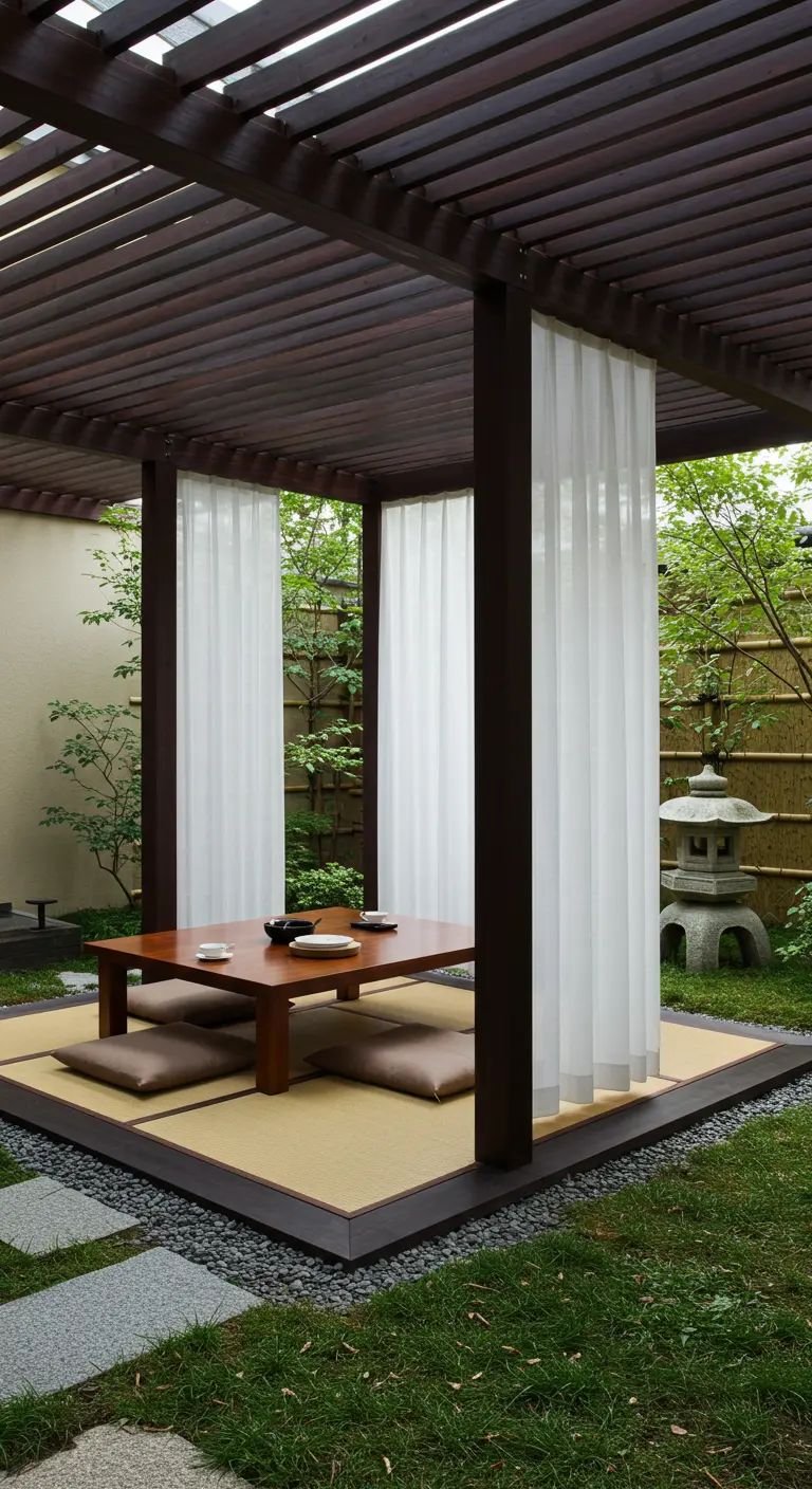 Pavillon d'inspiration japonaise avec table basse, coussins et rideaux blancs