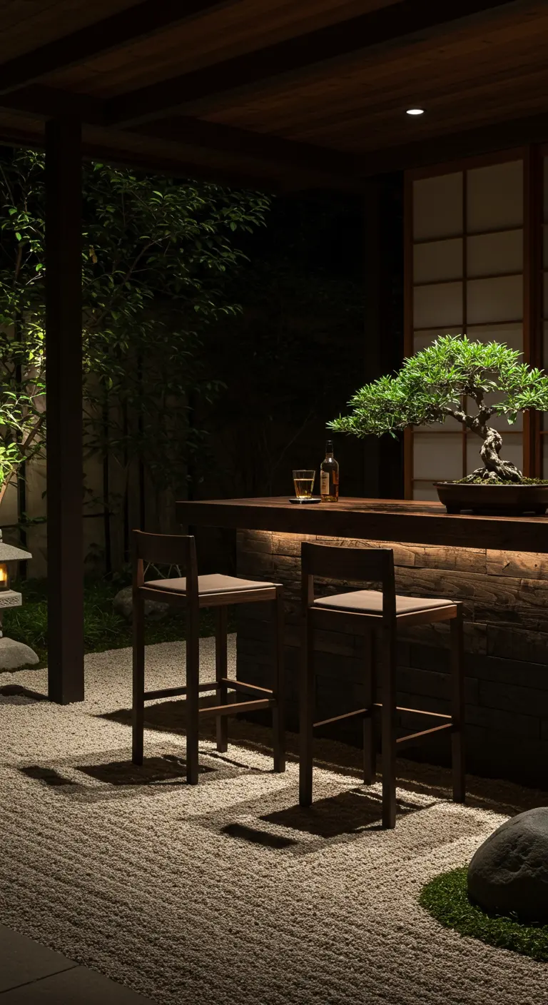 Bar de jardin zen avec un bonsaï, deux tabourets en bois et un sol en gravier.