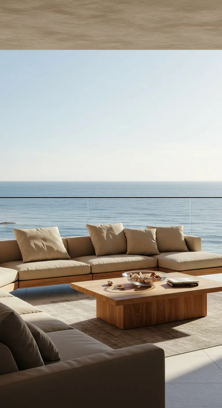 Salon modulable beige sur une terrasse avec une vue imprenable sur l'océan.