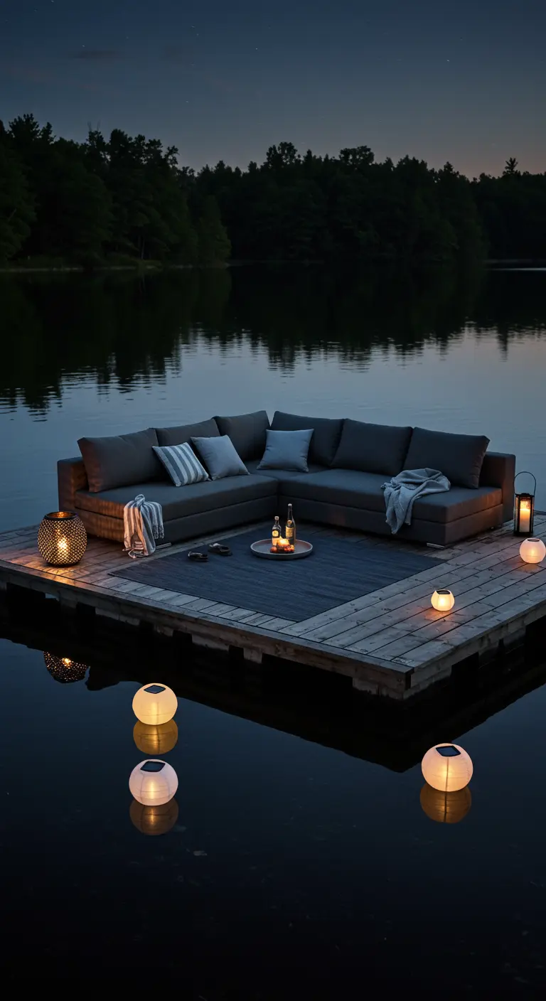Canapé d'angle gris sur un ponton au-dessus d'un lac, éclairé par des lanternes et des boules lumineuses flottantes.