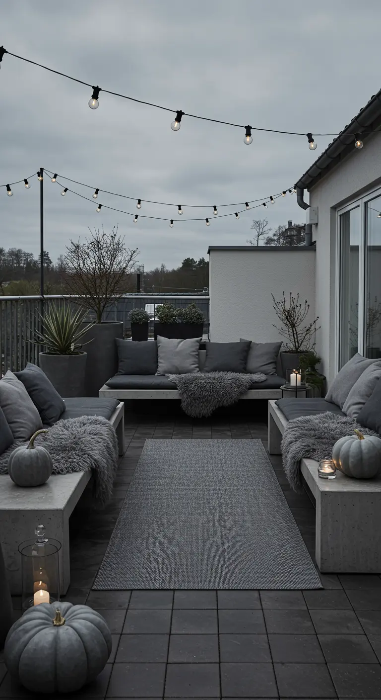 Terrasse grise et minimaliste avec canapés en béton, plaids doux, citrouilles grises et lanternes.