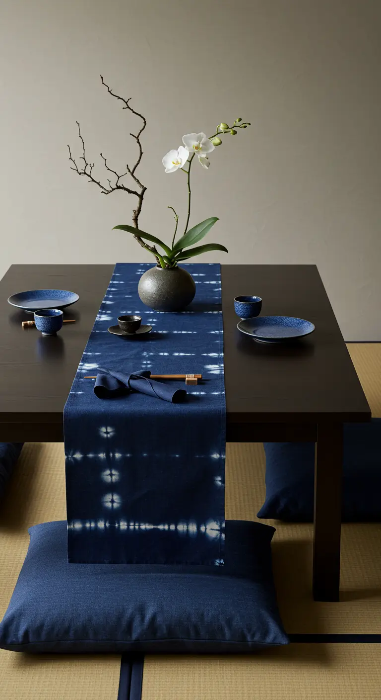 Table basse de style japonais avec un chemin de table indigo et une orchidée.