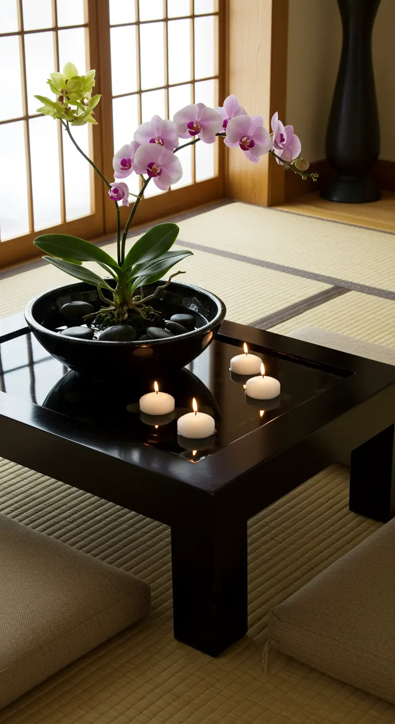 Table basse noire avec orchidée, galets noirs et bougies flottantes.