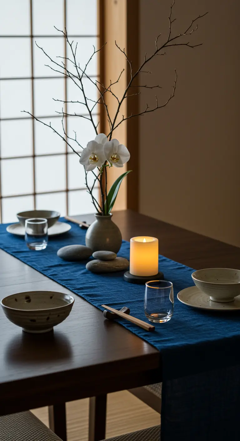 Table de style japonais minimaliste avec un chemin de table bleu, une branche, une orchidée et des galets.