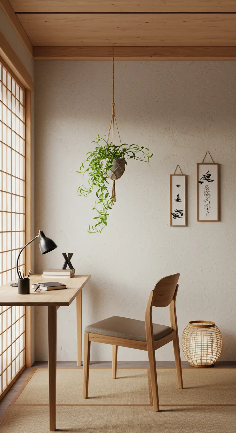 Bureau de style Japandi avec chaise en bois et murs texturés.