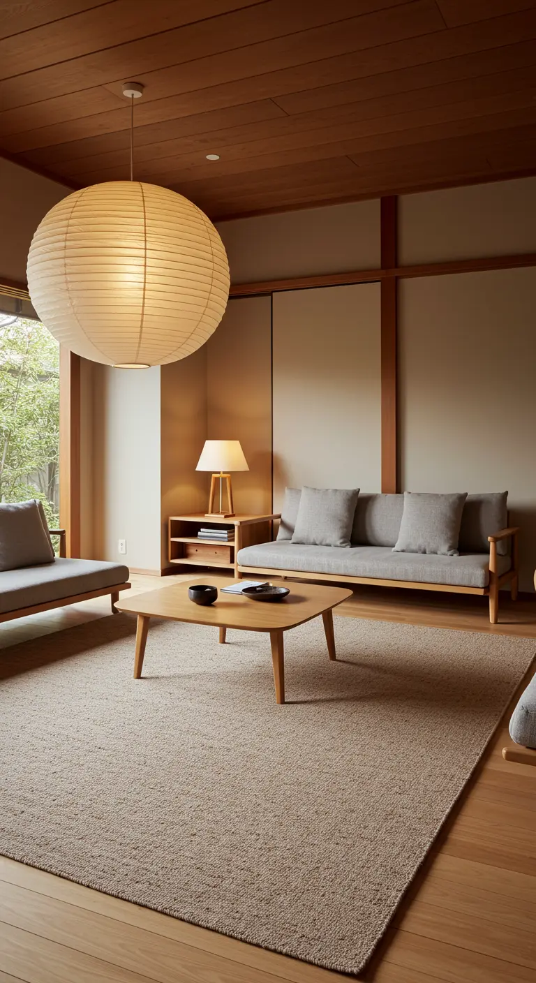 Salon d'inspiration japonaise avec un grand tapis beige unifiant tout l'espace.