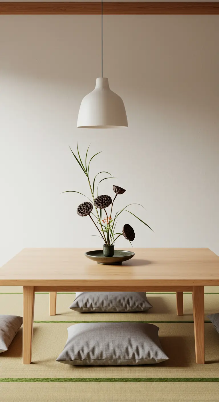 Composition de têtes de lotus séchées dans un bol bas sur une table de style japonais.