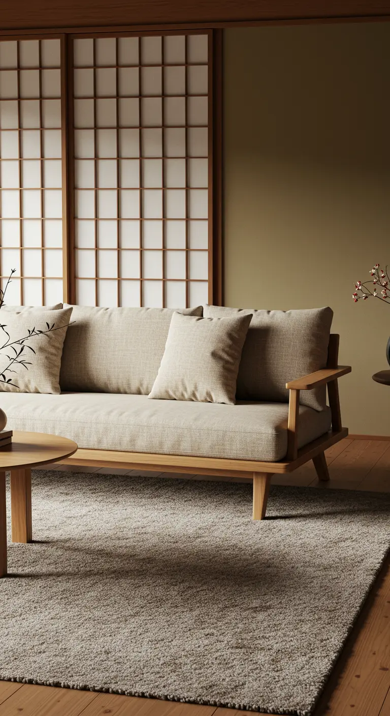Canapé minimaliste en bois clair et tissu beige sur un tapis texturé ton sur ton.