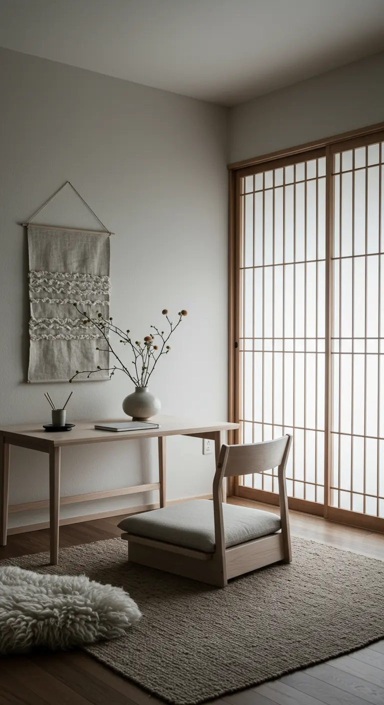 Bureau bas en bois clair avec une chaise de sol japonaise et une tenture murale en lin.