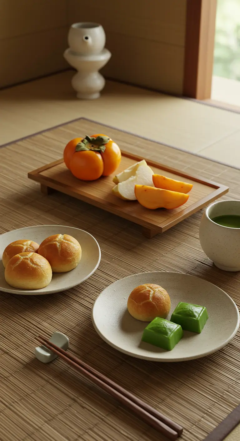 Table japonaise minimaliste avec kakis, poires et mochi verts, accompagnés de thé.