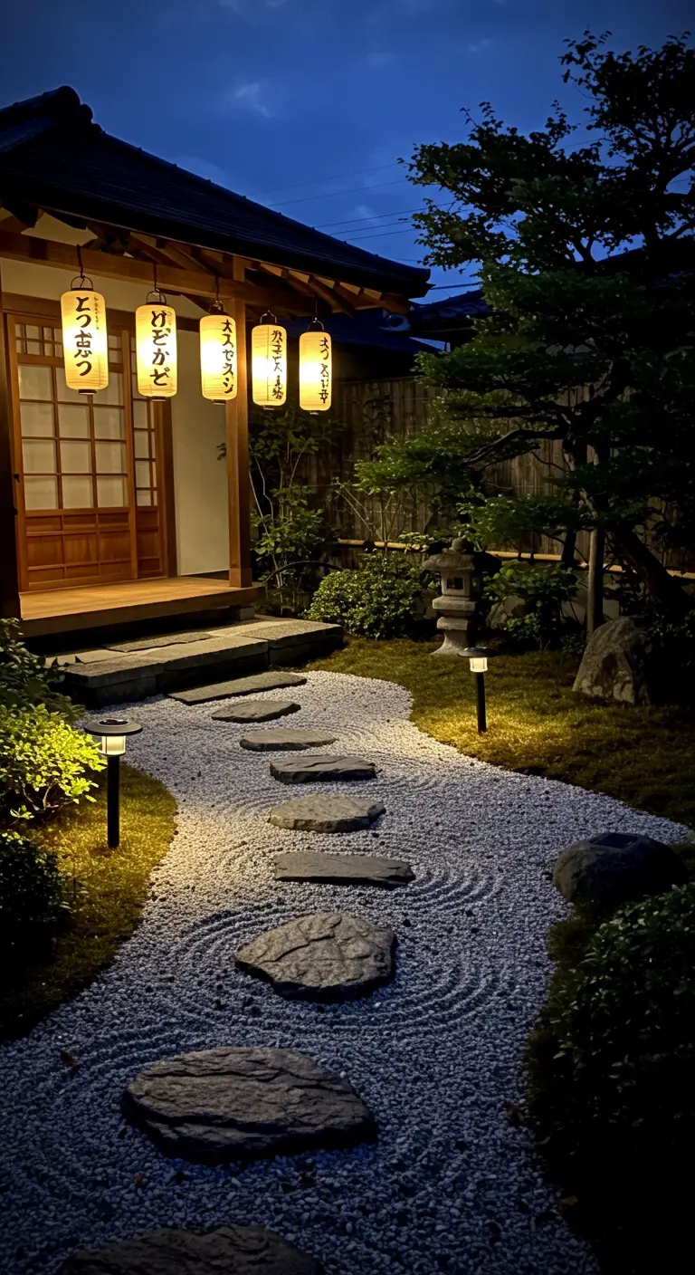 Jardin japonais avec lampions rectangulaires suspendus, chemin en gravier et pierres de pas éclairés.