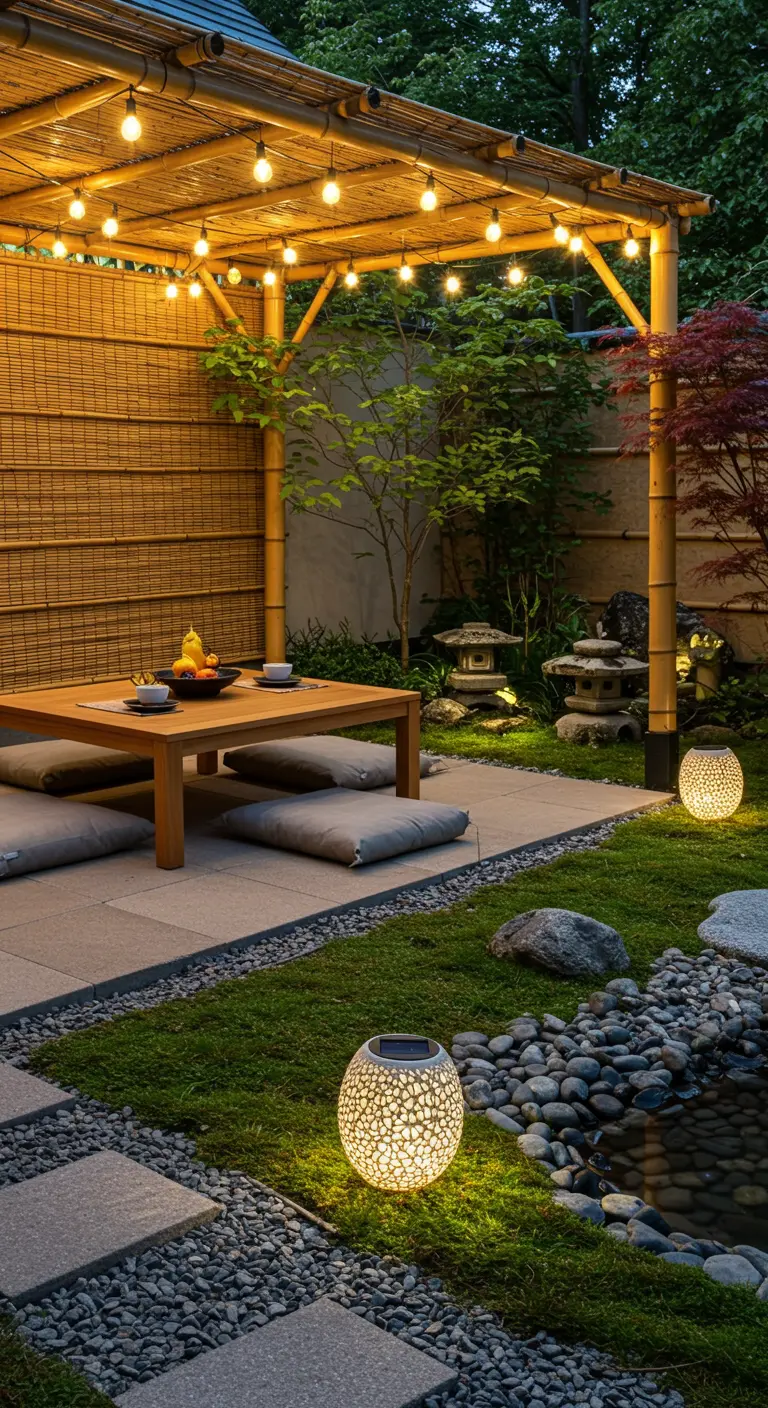 Jardin zen avec pergola en bambou, guirlandes lumineuses et lanternes solaires sphériques.