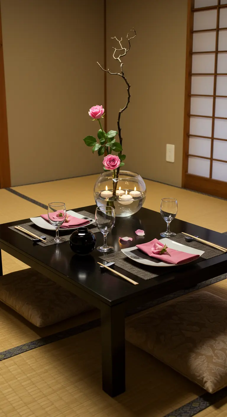 Table basse de style japonais avec des bougies flottantes dans un vase et un arrangement Ikebana.