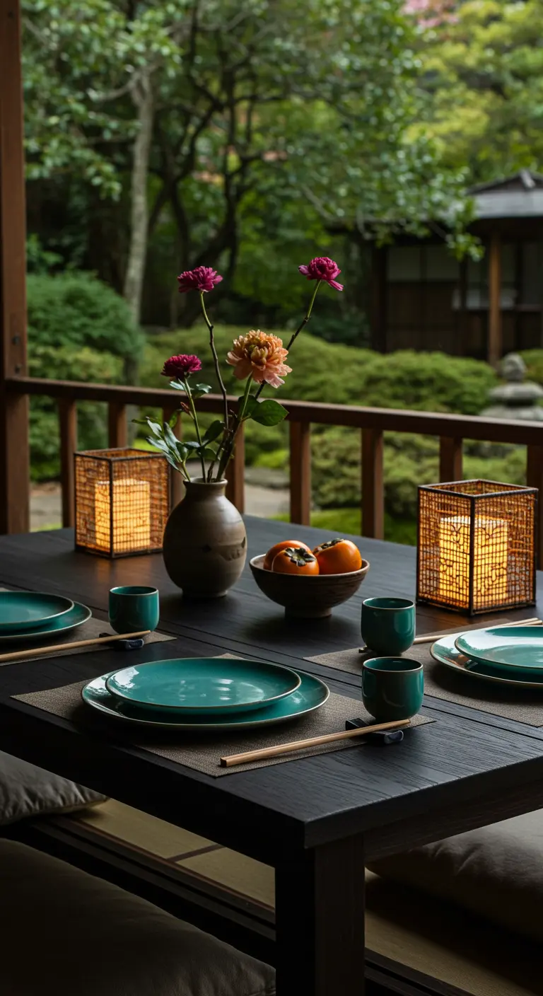 Table d'inspiration japonaise avec des lanternes carrées et de la vaisselle en céramique.