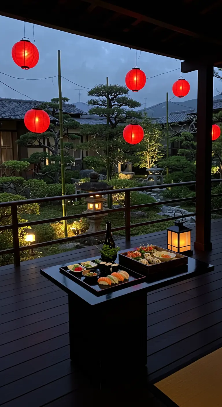 Véranda japonaise avec des lampions rouges suspendus et une vue sur un jardin zen.