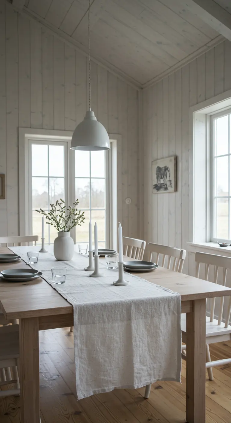 Chemin de table en lin blanc, bougeoirs gris clair et bougies sur table en bois clair