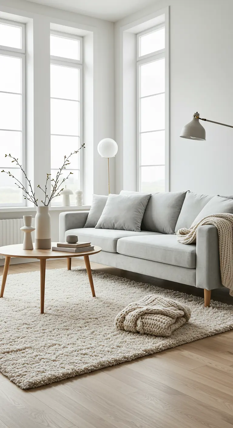 Salon scandinave avec canapé en velours gris clair, tapis shaggy blanc, table basse en bois clair et plaid.
