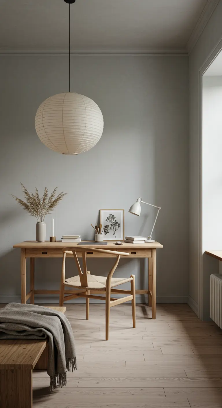 Bureau minimaliste en bois clair avec une chaise design et une grande suspension en papier.
