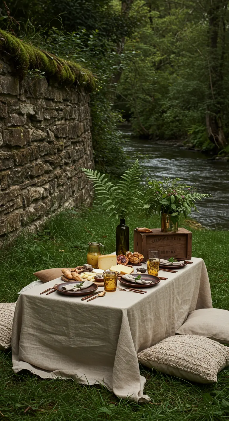 Pique-nique rustique au bord d'une rivière avec nappe en lin, caisses en bois, fougères et fromages.