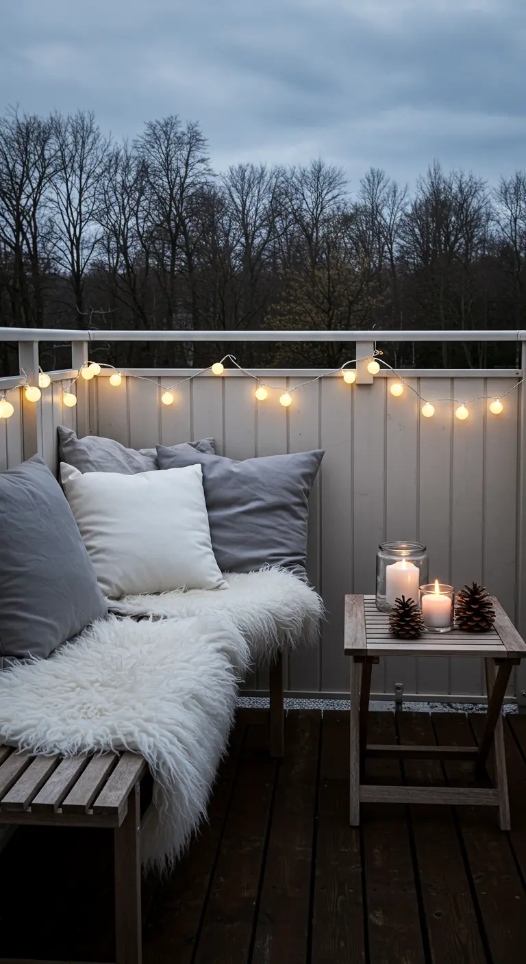 Balcon scandinave avec banc blanc, coussins en fausse fourrure, bougies, pommes de pin et guirlande lumineuse.