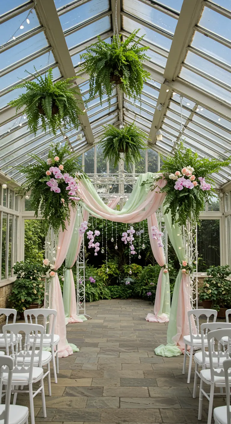 Arche de mariage en serre avec tissus rose et vert menthe, fougères suspendues, orchidées et cristaux.