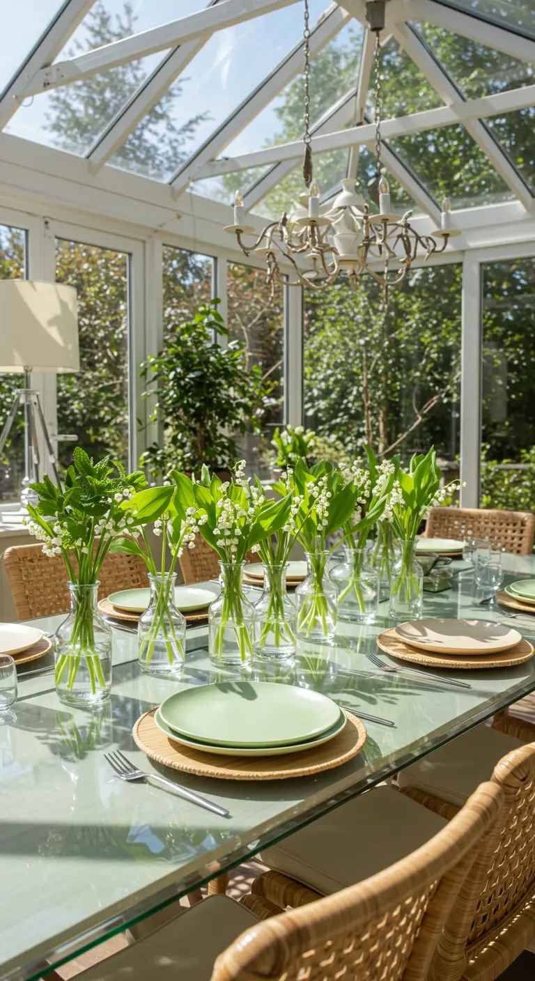 Table en verre dans une véranda avec des brins de muguet et de menthe dans des mini-vases.