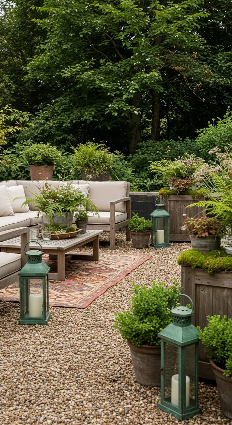 Patio en gravier avec salon de jardin en bois, nombreuses plantes en pots et jardinières, et lanternes vertes.